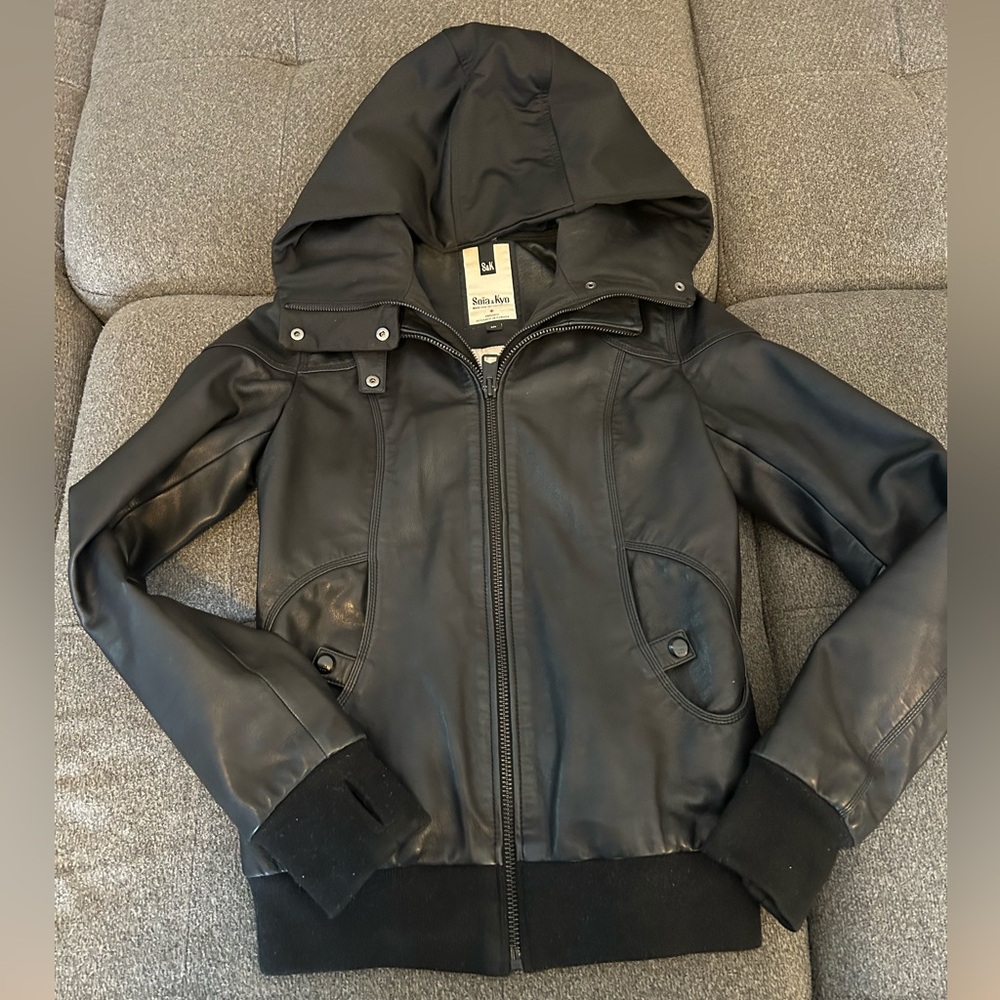 Soia & Kyo Black Leather Hooded Jacket